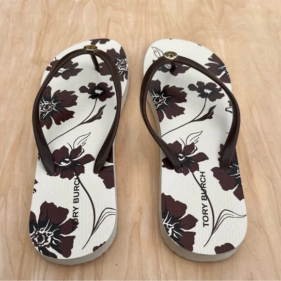 Tory Burch Potting Soil Ivory Daisy Flip Flop Thong Sandal Logo Size 8 EUC - Picture 4 of 8